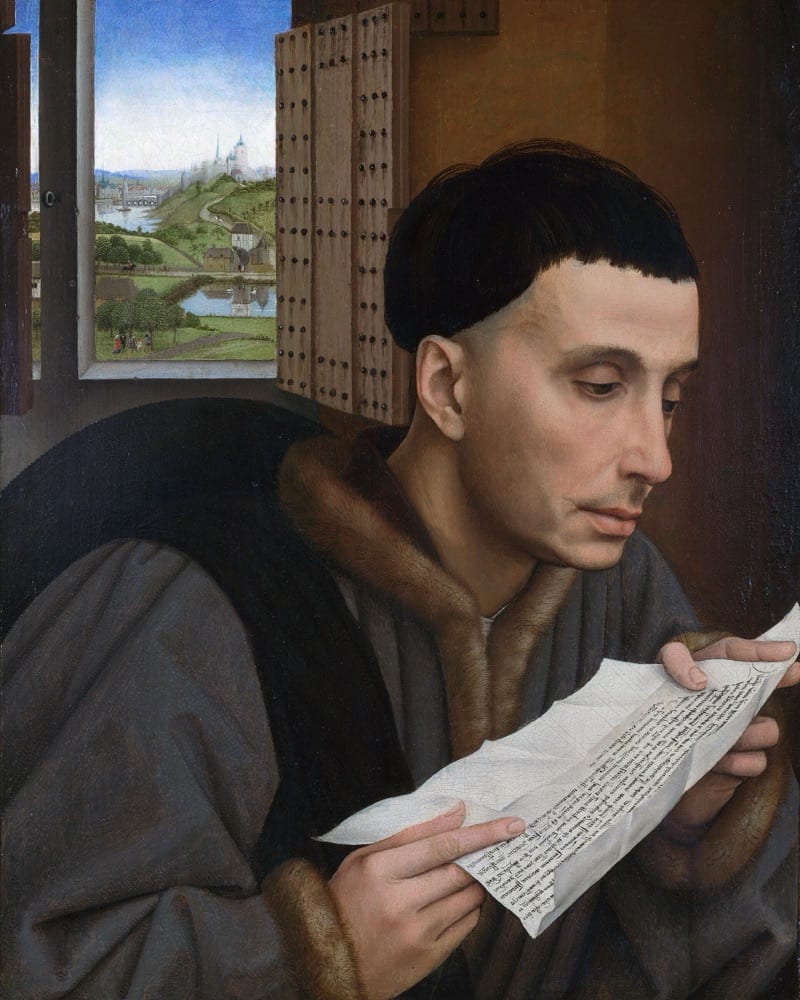 Saint Yves, patron des avocats, lisant un acte — peinture de Rogier van der Weyden